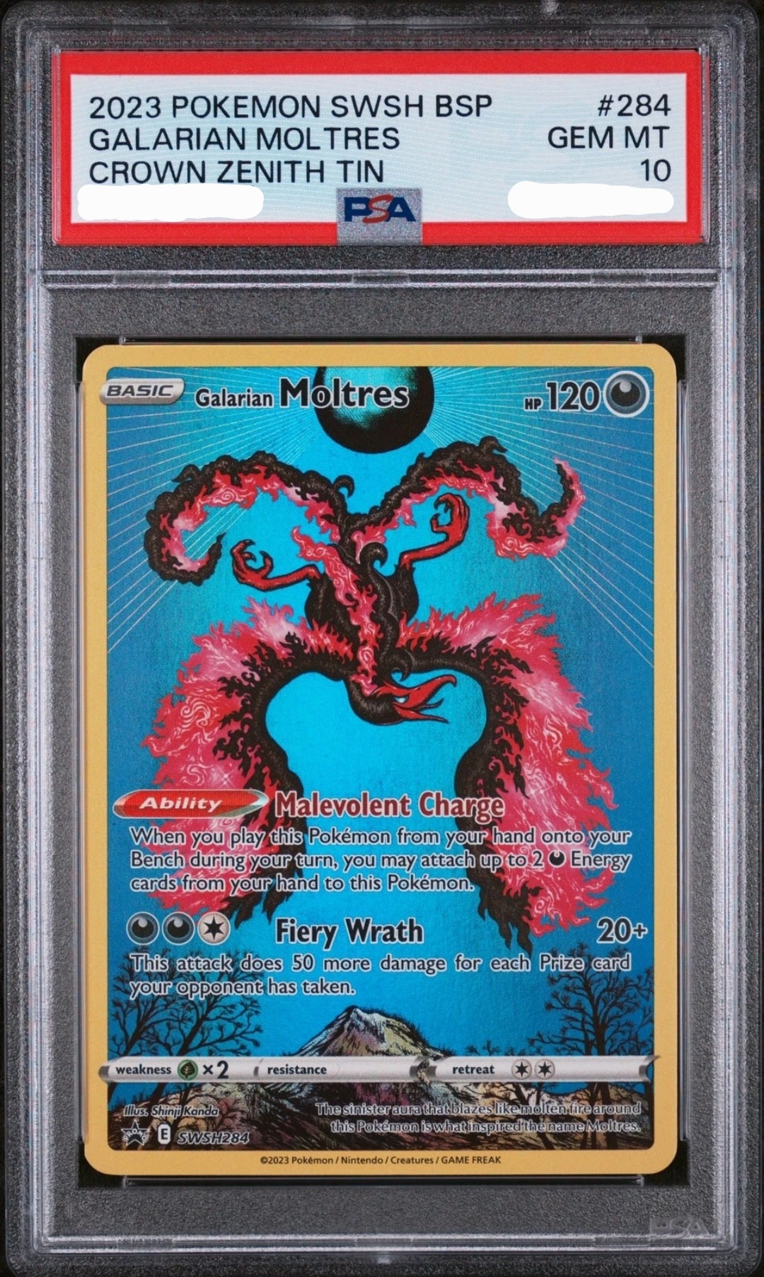 PSA 10 Galarian Moltres SWSH Black Star Promo Crown Zenith Tin #284 GEM MINT